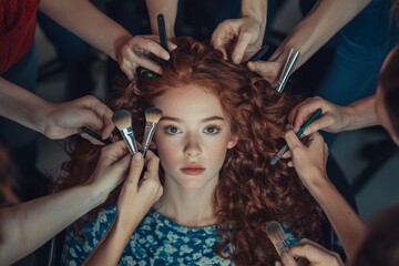 Naklejka premium Beauty salon girl looking at camera while stylists apply makeup and do hairstyles
