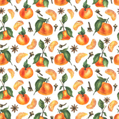 Tangerines with whole leaves and slices with spices, star anise and cloves. Watercolor illustration, hand drawn. Winter, Christmas seamless pattern on a white background