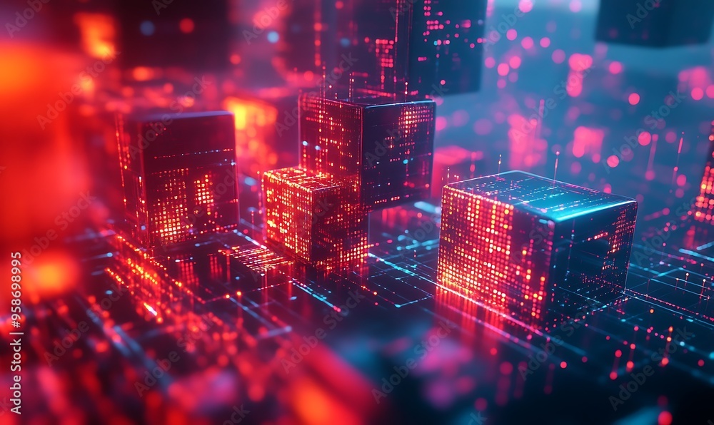 Canvas Prints glowing cubes in a red and blue digital landscape