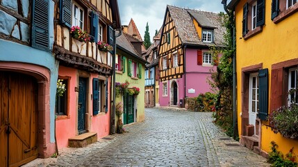 Charming Cobblestone Street in a Quaint European Village with Colorful Historic Architecture