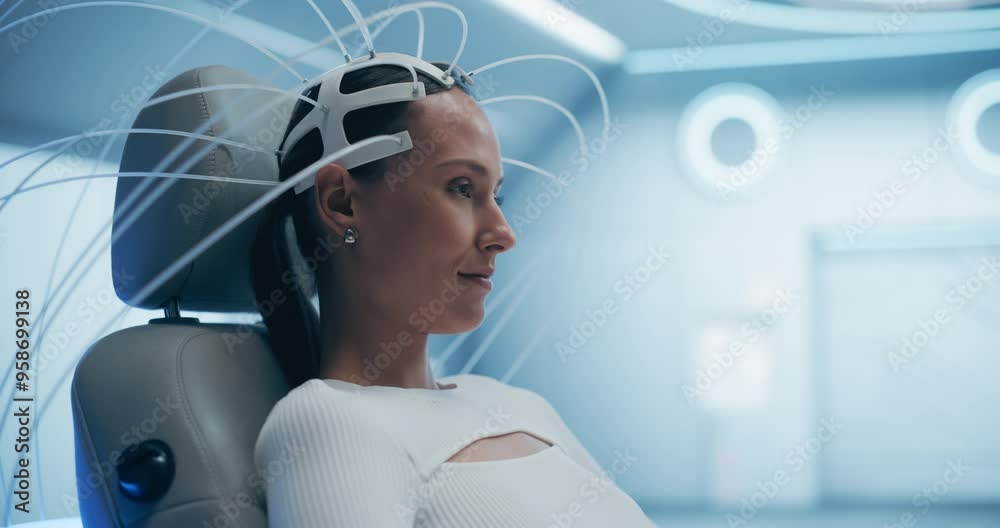 Poster Futuristic laboratory: Female Patient Wearing Headset for an Advanced Brain Scan Using Neural Connection Technology. High-Tech Cognitive Enhancement Facility. Sci-fi Concept. Portrait Arc Shot
