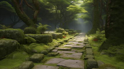Enchanted Forest Path with Moss-Covered Stones Leading Through Lush Greenery