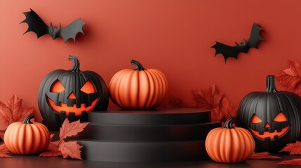 Halloween product display with pumpkins and empty minimal podium pedestal, 3D illustration, clean background