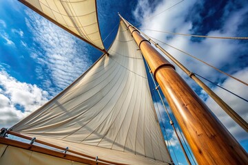 Fototapeta premium Bottom view of an asymmetrical sail of a monocoque boat, watercraft, technology, outdoors, wind, nautical,sail, racing, speed, sailing, asymmetrical, competition, performance