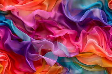 Obraz premium A vibrant and flowing multicolored chiffon fabric with soft, translucent waves, creating a dreamy and ethereal texture. Ideal for fashion design, textile backgrounds, or artistic projects.