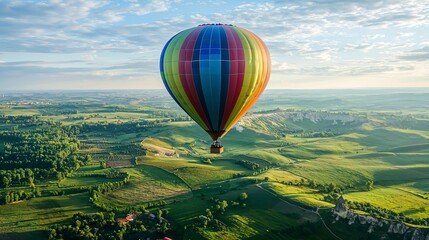 Fototapeta premium Colorful Hot Air Balloon Soaring Over Lush Green Countryside Landscape