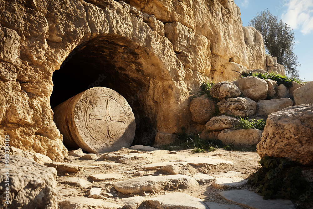 Wall mural a stone cave featuring a round entrance and a large, round stone door, reminiscent of ancient burial