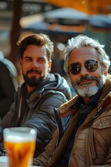 Obraz premium Two men enjoying a casual moment outdoors, one with gray hair and sunglasses, and the other younger with a beard. Ideal for lifestyle blogs, travel photography, or advertisements promoting relaxation 