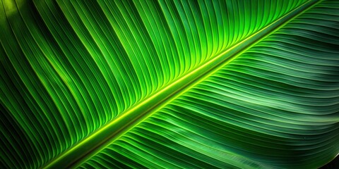 Obraz premium forced perspective, abstract, glowing, summer, surreal, botanical, foliage, lush, botanical, texture, tropical paradise, Tropical banana leaf texture background glowing in the dark