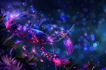 A vibrant, glowing digital artwork of a scorpion illuminated with neon purple and blue lights against a dreamy, bokeh-filled background. Ideal for fantasy art, zodiac designs, or digital illustrations