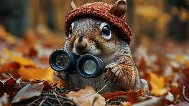 A whimsical close-up of a squirrel in a knitted brown hat holding binoculars, surrounded by vibrant autumn leaves. playful image suits nature projects and decor.