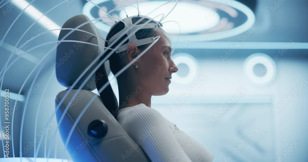 Aufkleber futuristic laboratory: female patient wearing headset for an advanced brain scan using neural connec