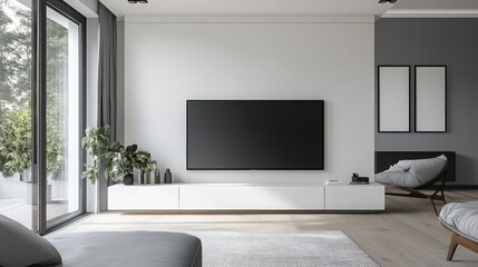 Minimalist living room with a sleek white media wall, featuring a large TV and curated artwork.