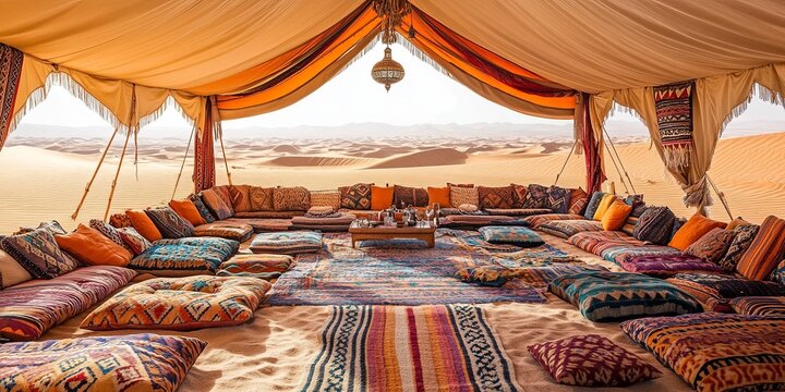 A cozy seating area with colorful pillows and rugs inside a Bedouin tent, with a view of the vast, sandy desert.