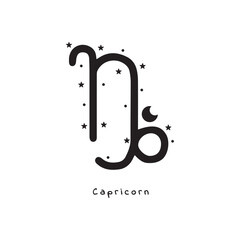 Capricorn zodiac sign, silhouette with stars and moon, vector art