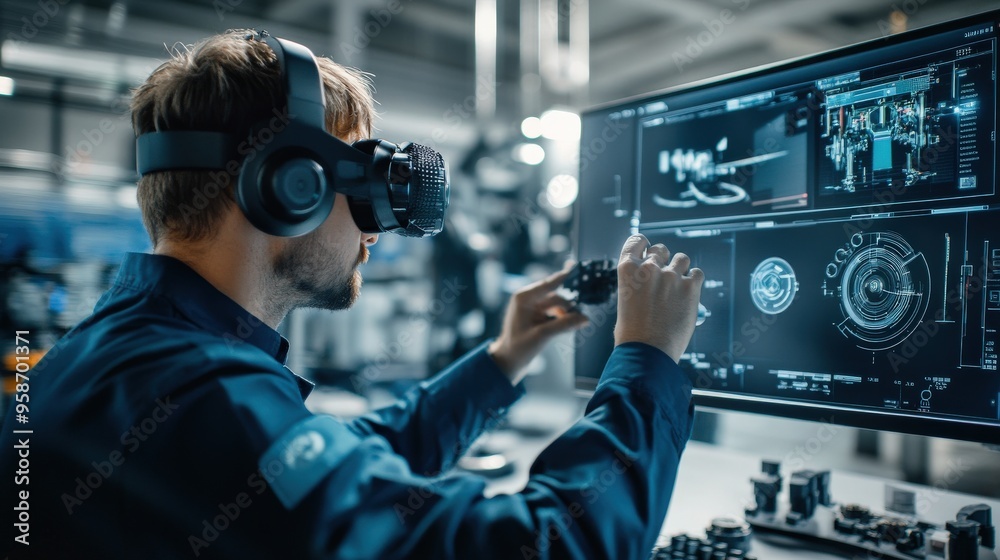 Poster an engineer in a virtual environment is adjusting settings on a high-tech interface, focused on simu