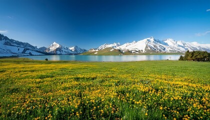 Blooming Field with Mountains