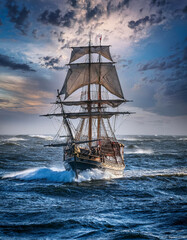 Fototapeta premium Altes Segelschiff, Windjammer auf dem Meer bei rauher See, Generative AI