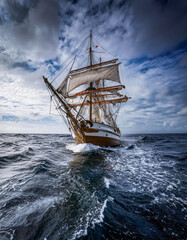 Fototapeta premium Altes Segelschiff, Windjammer auf dem Meer bei rauher See, Generative AI