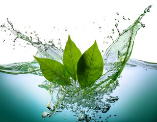  Fresh Green Leaves Splashing with Water, Isolated- Crisp green leaves splashing through wat_1(90)