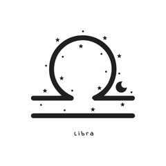 Libra zodiac sign, silhouette with stars and moon, vector art