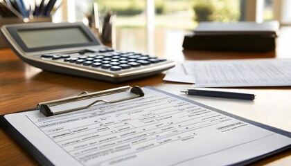 Obraz premium A Clipboard with a Form and a Calculator on a Wooden Desk
