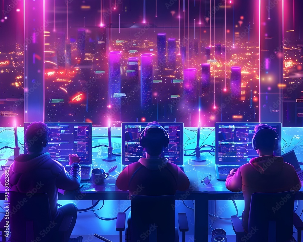 Poster quantum programmers develop new algorithms at futuristic hackathon in neon lit city