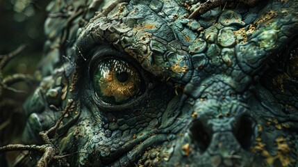 Naklejka premium Detailed image of a dragon's head with a yellow eye, rusty brown hints, and black pupil. Skull textured with black, orange, white colors, conveying mystery and wisdom.