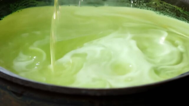 Vibrant green liquid pours into a dark cauldron pot, creating splashes and bubbles. Its glossy texture reflects light, enhancing creativity for culinary or scientific content.
