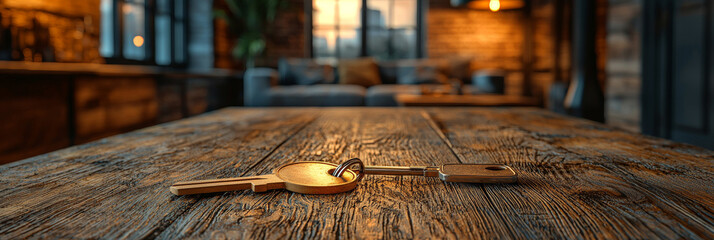 A golden key lies on a rustic wooden table in a dimly lit room. It's a symbol of new beginnings, hope and opportunity.