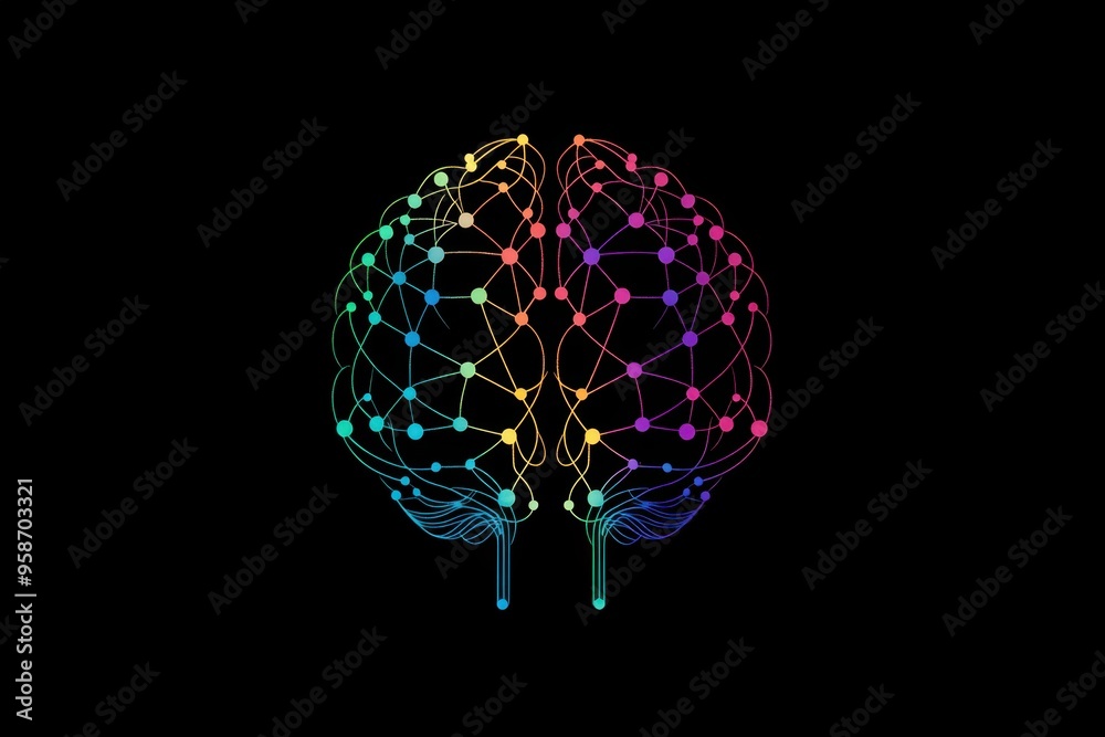 Wall mural logo of the human brain made from colorful lines connecting dots on a black background generative ai