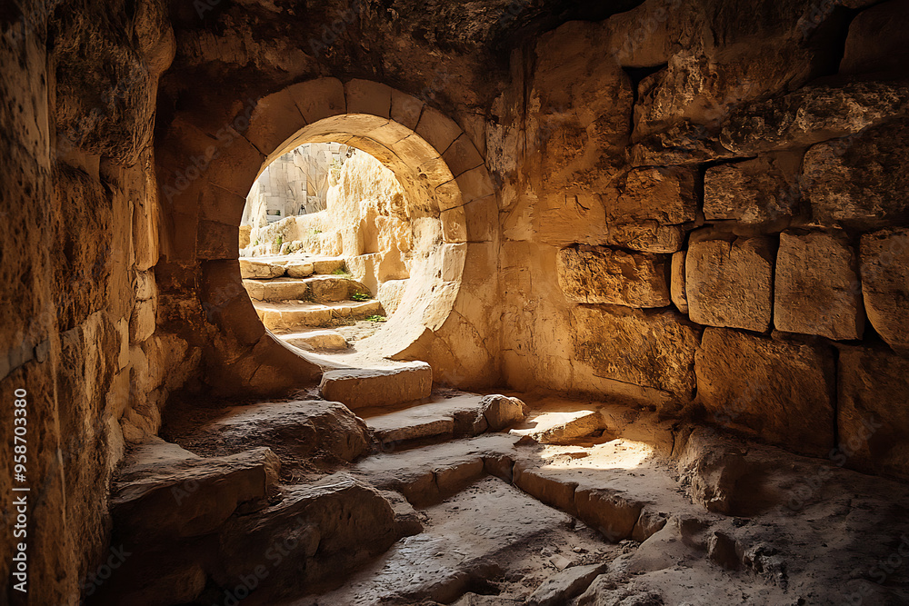 Wall mural a stone cave featuring a round entrance and a large, round stone door, reminiscent of ancient burial