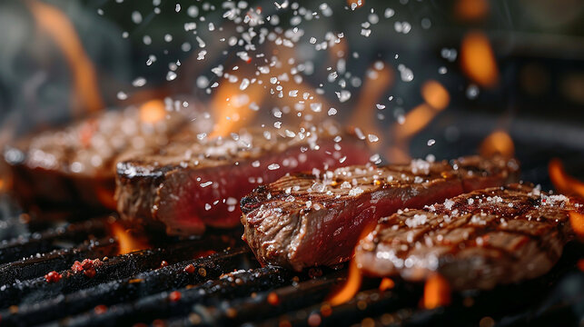 Close-up Slice juicy beef lamb rib steak meat grilled on heat hot roasted flame cooking meal, lunch dinner coal fire smoke with salt and pepper spice beefsteak for party picnic outdoor refreshment
