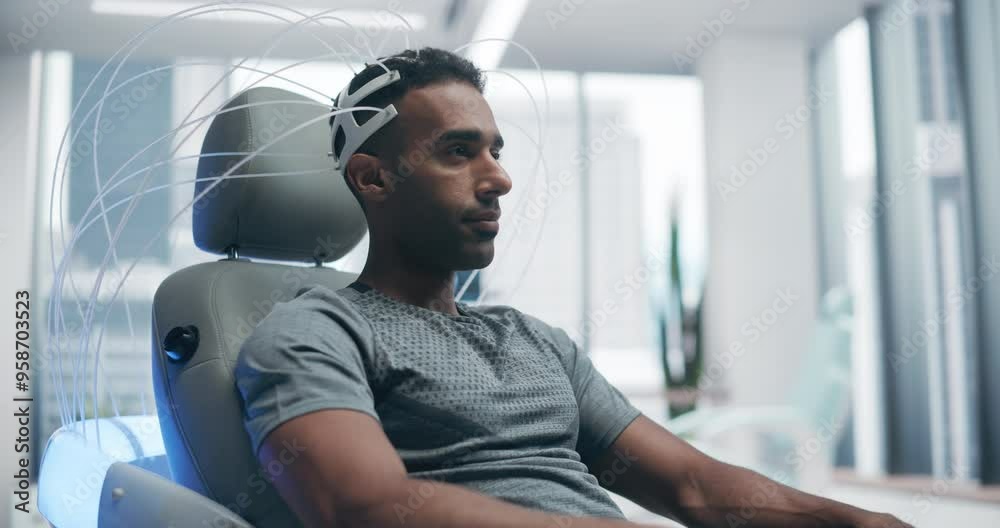 Aufkleber futuristic laboratory: male patient wearing headset for an advanced brain scan using advanced neural