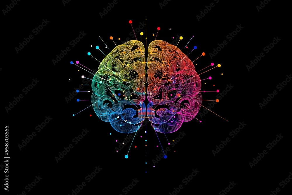 Fototapete Logo of an abstract brain made up of colorful lines and dots, art on a black background Generative AI