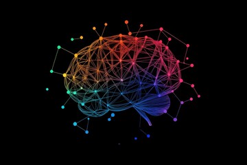 Logo of an abstract brain made up of colorful lines and dots, art on a black background Generative AI