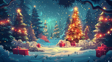 Obraz premium Christmas tree forest nature decoration gift box present lights ornament ball with snow winter season holiday december celebration, pine tree star night glowing sky background, happy new year festive