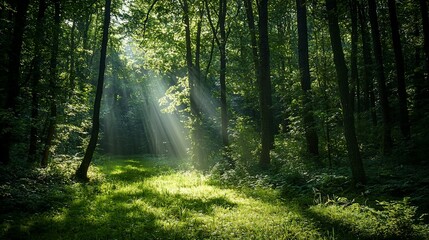 Obraz premium Lush Green Forest Filled with Sunbeams and Scenic Nature View