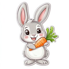Obraz premium Cute cartoon rabbit happily holding a carrot, perfect for children's illustrations or seasonal themes.
