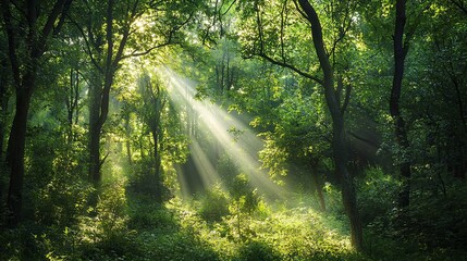 Obraz premium Lush Green Forest with Sunbeams Illuminating the Scenic Landscape