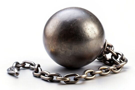 shackles, oppression, jailed, locked, restriction, weight, punishment, slave, power, restraint, A heavy metal ball on a chain with a fastener used to restrain a prisoner or slave