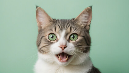 Fototapeta premium Portrait chat animal domestique expression étonné dubitatif colère fond vert pastel.