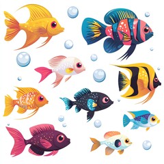 Naklejka premium Vibrant illustration of colorful fish swimming among bubbles, perfect for marine-themed designs and decorations.