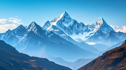 Majestic Himalayan Peaks Reaching Towards Cloudless Azure Sky   Pristine Wilderness Landscape