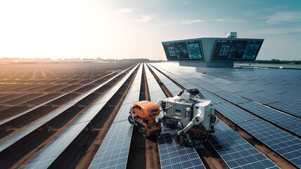 Naklejka premium Solar Panel Field with Robots and Control Center
