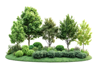 Green plants and trees create a vibrant garden landscape isolate on transparent background, cutout, png