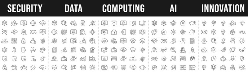 Security, data analysis, computing, ai, innovation related icons set. Editable stroke