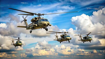 Fototapeta premium Four military helicopters are flying in formation, group, helicopters, machinery, clouds, force, strength, formation,military, sky, flying, aviation, squadron, army, coordination