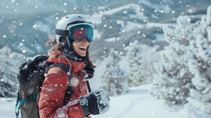Woman in red ski jacket, white helmet, and goggles smiles at camera against snowy mountain backdrop, evoking serene winter scene.