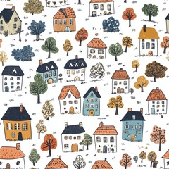 Fototapeta premium Charming hand-drawn pattern of village houses and trees in warm, earthy colors, creating a playful and cozy small-town atmosphere.